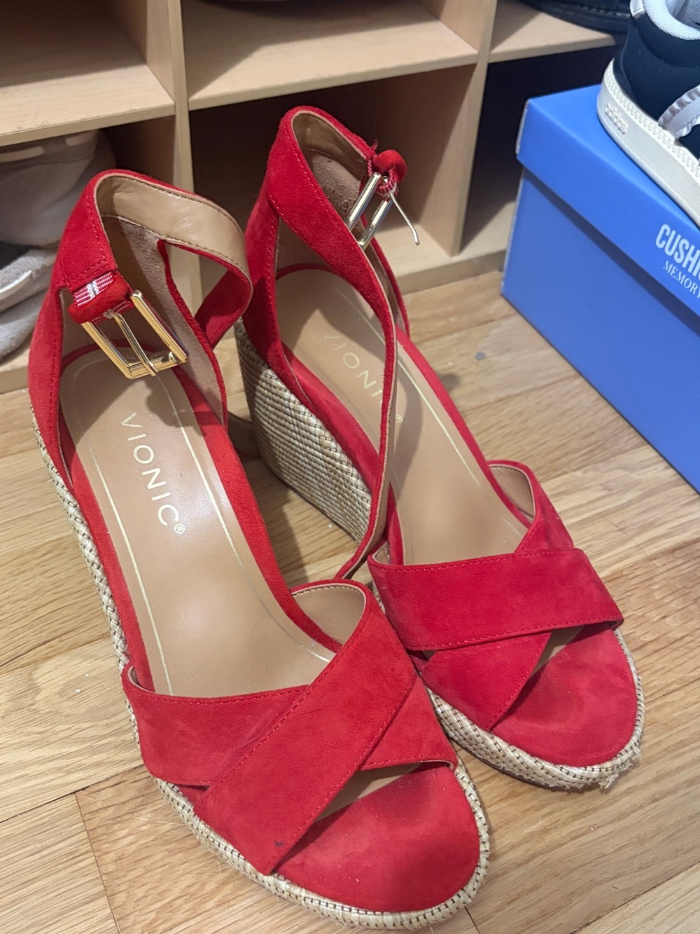 Vionic Red Suede Espadrille Wedge Sandals with Ankle Strap- Size 6.5